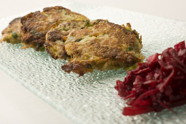 Leek and beef latkes with beet salad