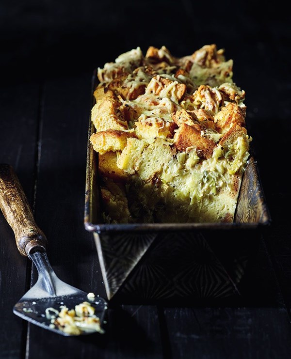 Leek and cheddar brioche butter pudding