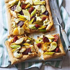 Leek and chorizo puff pastry tart