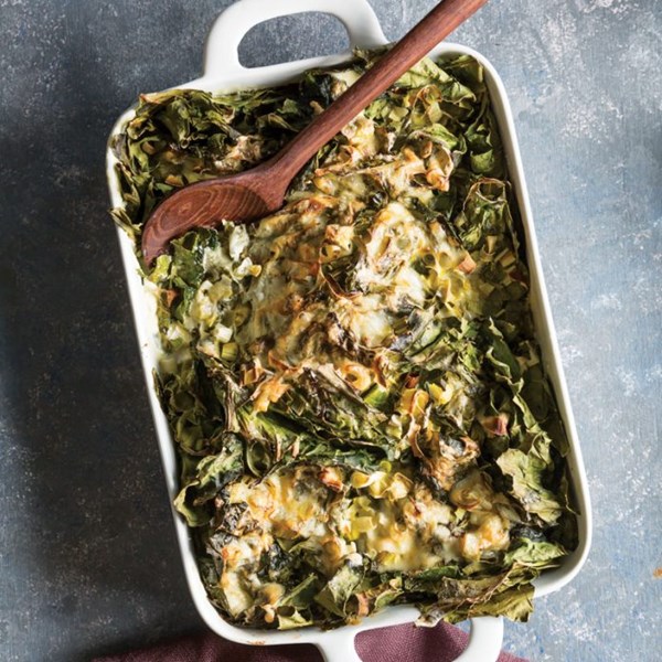 Leek and collard greens gratin