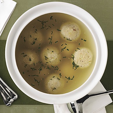 Leek and ginger matzo balls in lemongrass consommé