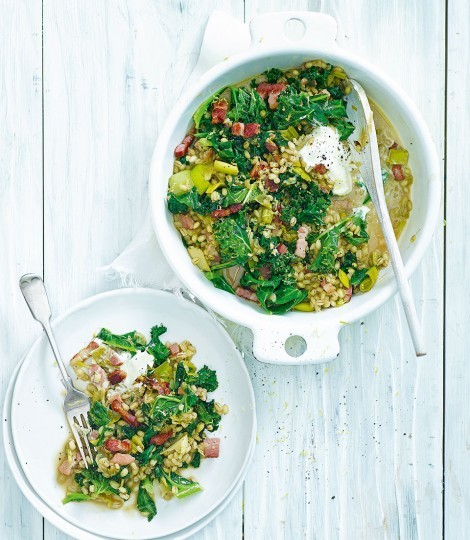 Leek and kale pearl barley with crispy lardons