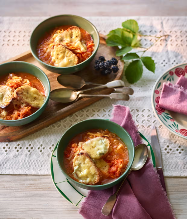 Leek and kimchi soup with blue cheese croutons
