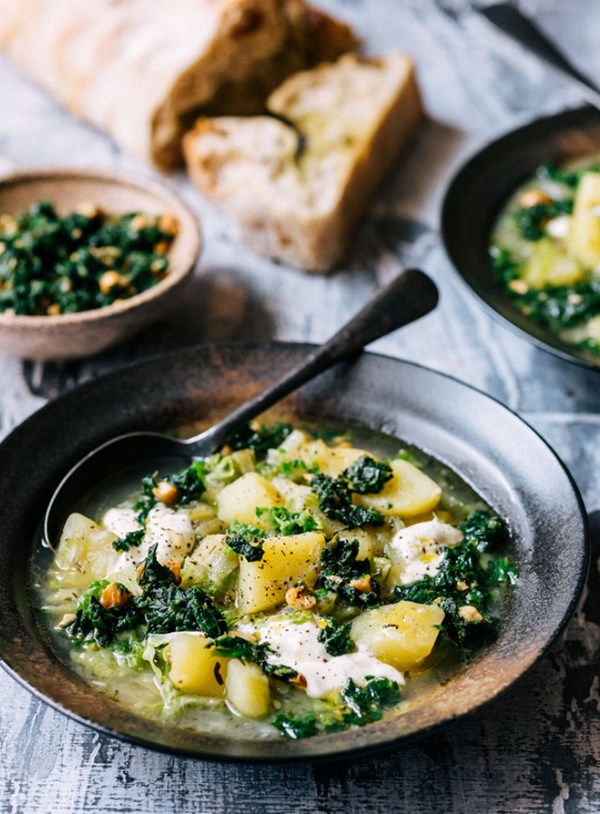 Leek and potato soup with spinach and hazelnut salsa