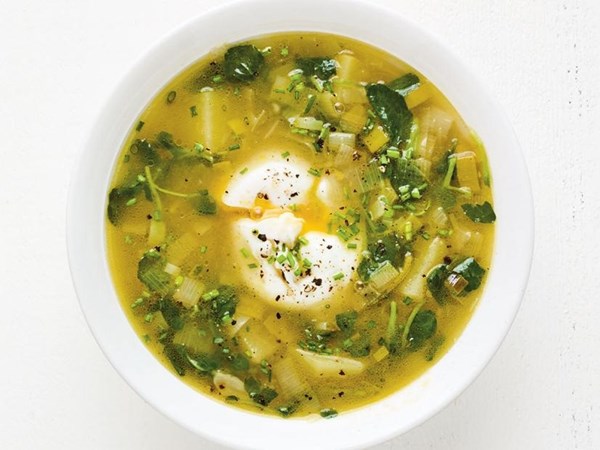 Leek and potato soup with poached eggs