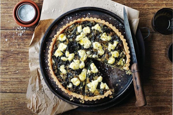 Leek and silverbeet tart with bread pastry