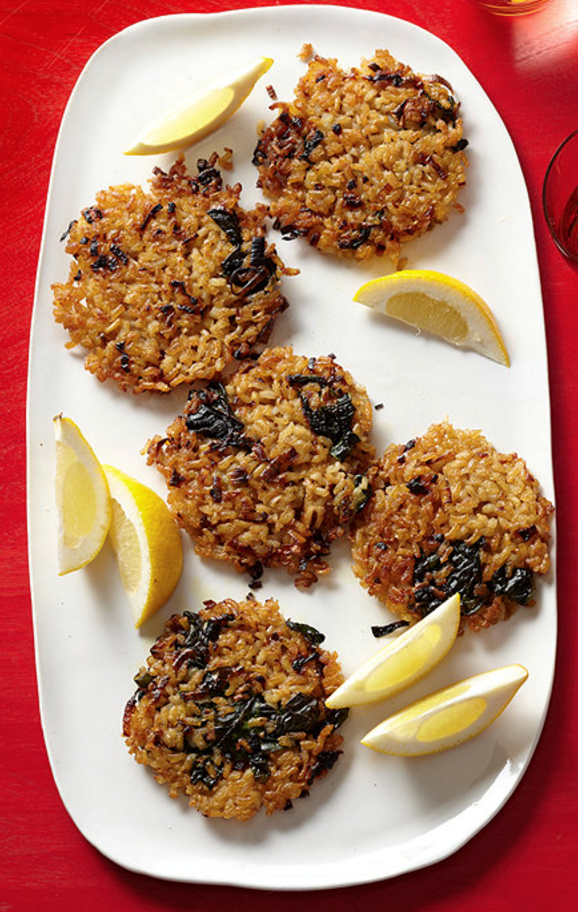 Leek and spinach rice cakes