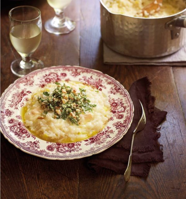 Leek and Taleggio risotto with walnut pesto