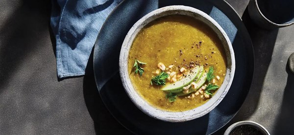 Leek, apple, and hazelnut soup 
