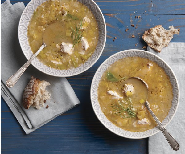 Leek, chicken, and rice soup