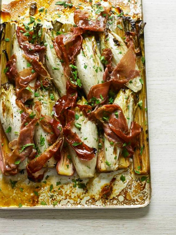 Leek, chicory and Parma ham bake