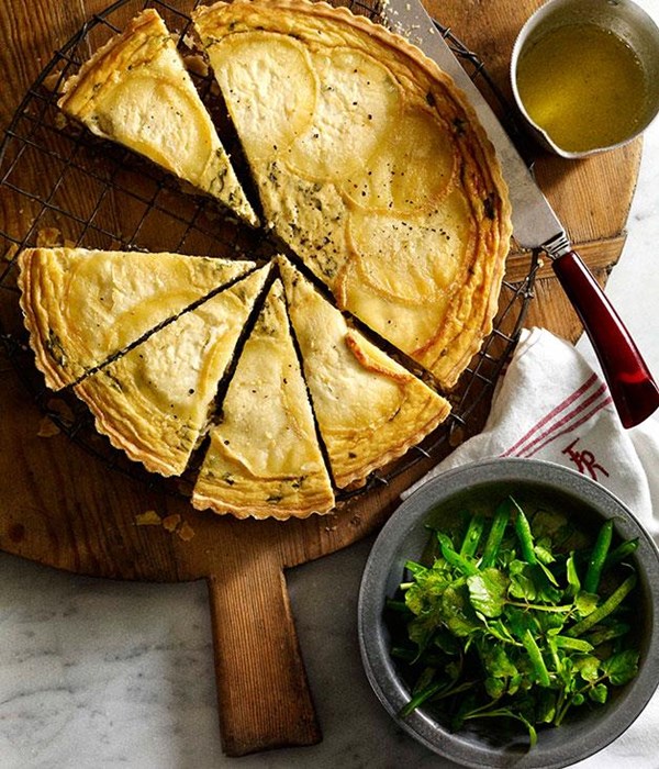 Leek, crème fraîche, and aged chèvre tart