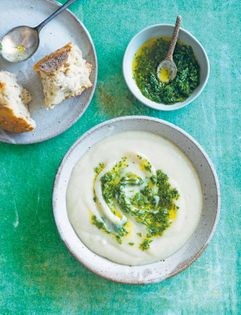 Leek, fennel and potato soup with herb salsa