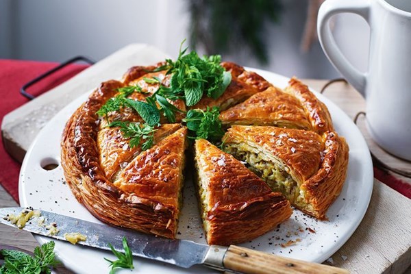 Leek, feta and potato pithivier with soft herb salad