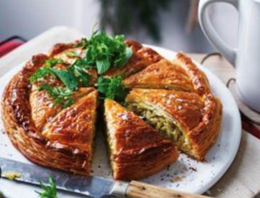 Leek, feta and potato pithivier with soft herb salad