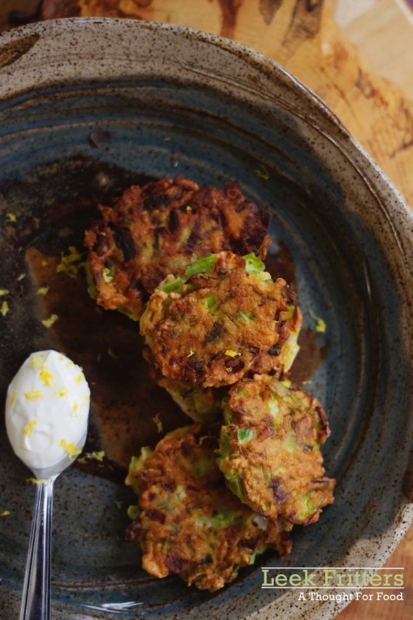 Leek fritters with lemon and garlic sour cream