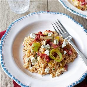 Leek, goat's cheese and crispy bacon risotto