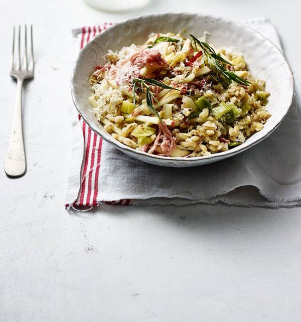 Leek, ham and apple barley 'risotto'