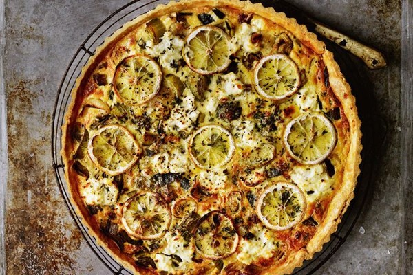 Leek, lemon, thyme, pancetta and ricotta tart