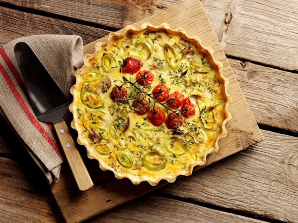 Leek, mushroom and oven-roasted tomato quiche
