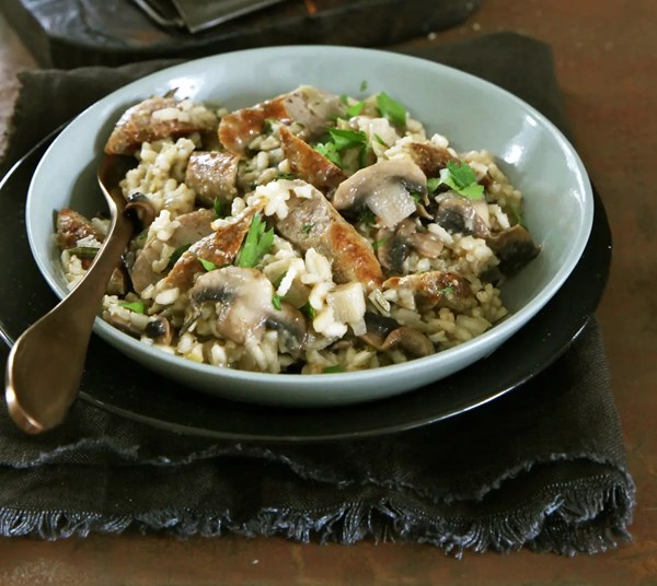 Leek, mushroom and sausage risotto 