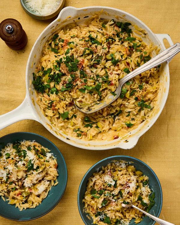 Leek, pancetta and white wine orzo