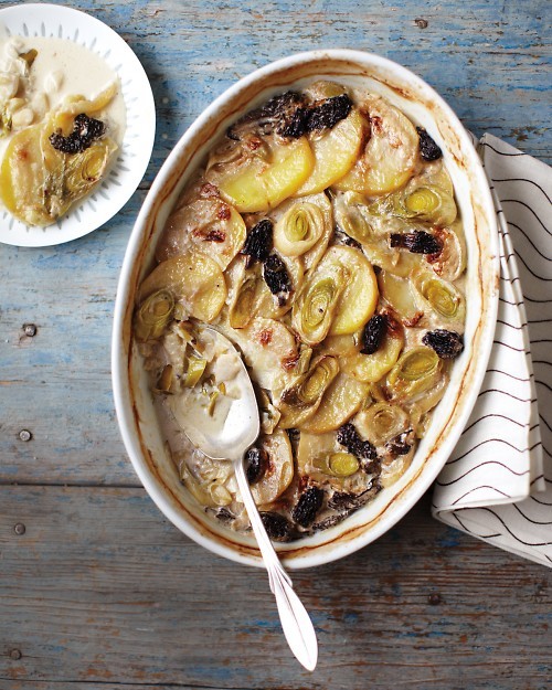 Leek, potato, and morel gratin