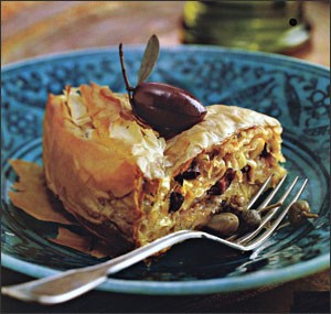 Leek, potato, and olive pie (Prassopita)