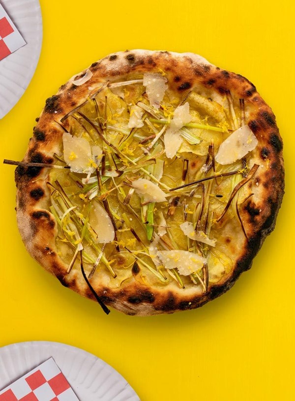 Leek, potato, lemon & Parmesan pizza