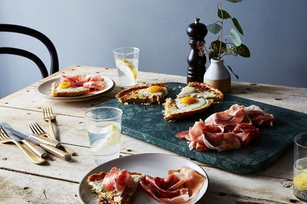 Leek, prosciutto, and egg tart