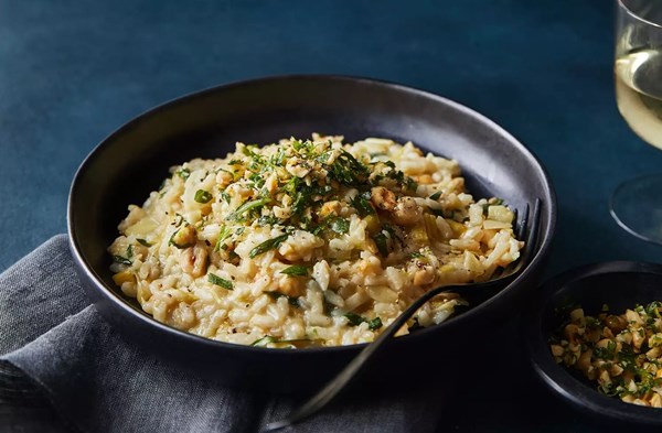 Leek risotto with tarragon & toasted hazelnuts