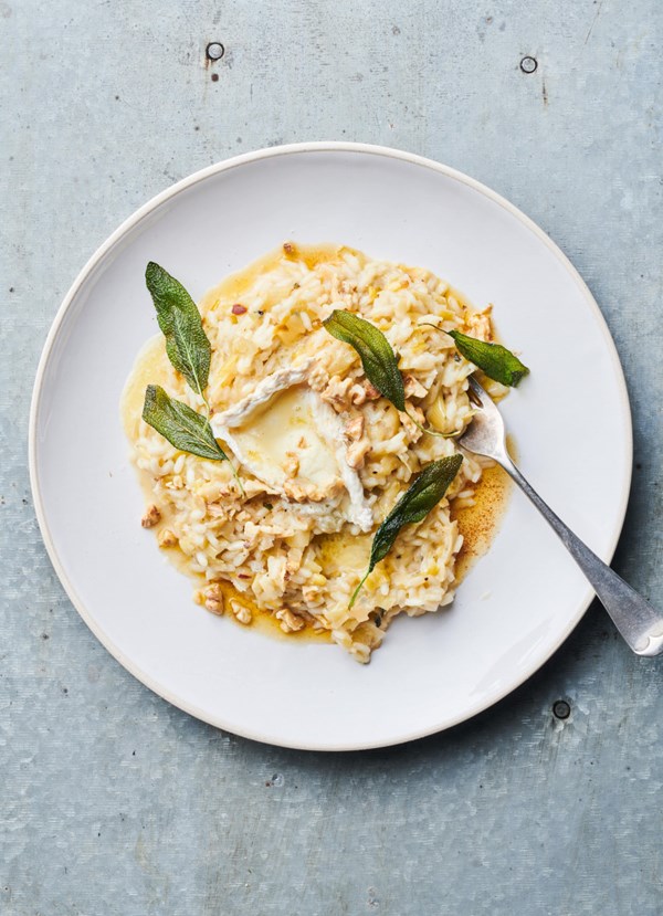 Leek risotto with toasted walnuts, sage brown butter and creamy Brie