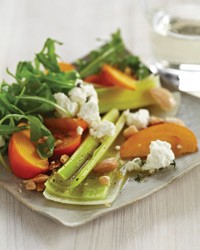 Leek salad with persimmons and almonds