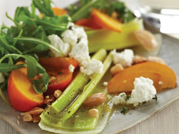 Leek salad with persimmons and almonds