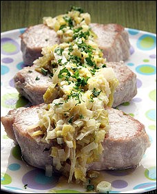Leek-smothered pork chops