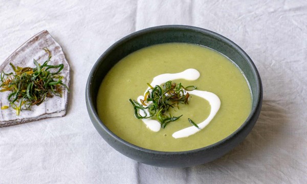 Leek soup with crisp green leek tops
