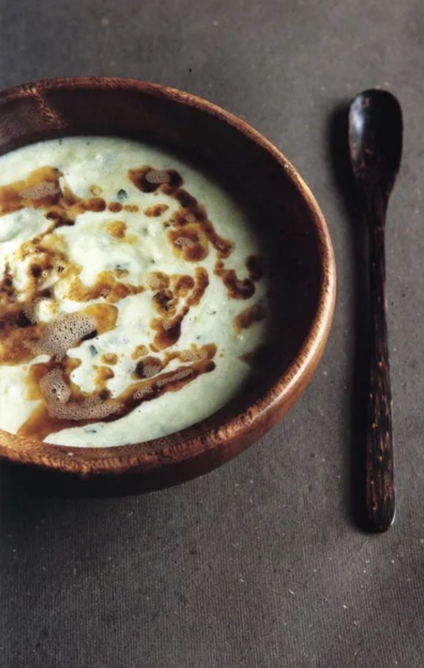 Leek soup with mint, yogurt, and caramelized butter