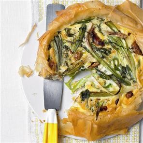 Leek, spring onion and chorizo tart