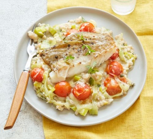 Leek, tomato & barley risotto with pan-fried cod