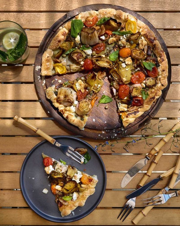Leek, tomato & thyme tart with walnuts, capers & cashew feta