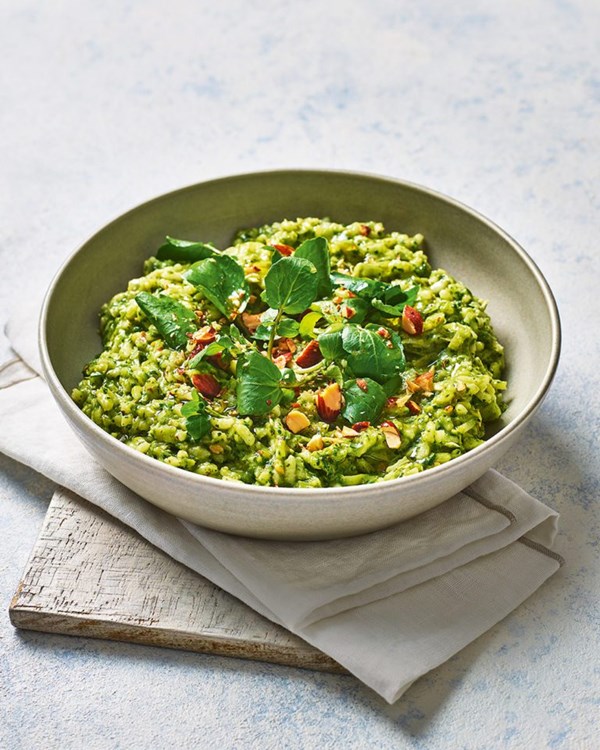 Leek, watercress and salted almond risotto