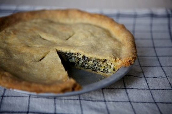Leeks and greens tart with cornmeal crust