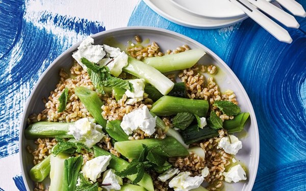 Leeks, goat’s cheese and spelt salad with lemon and elderflower
