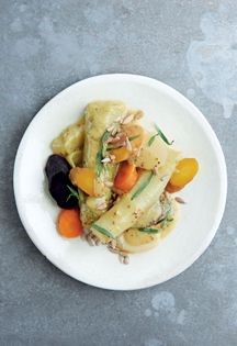 Leeks vinaigrette, salt-baked carrots and parsnips, tarragon and sunflower seeds