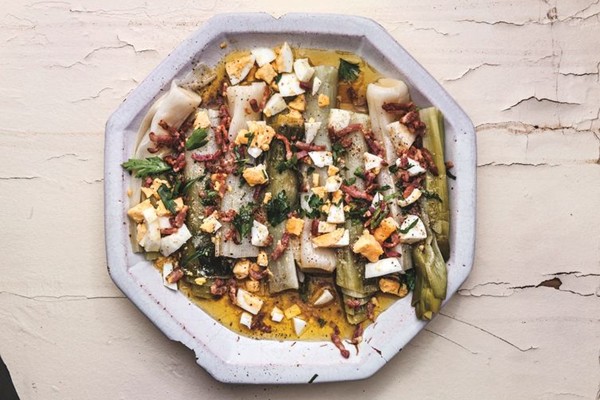 Leeks with mustard-bacon vinaigrette