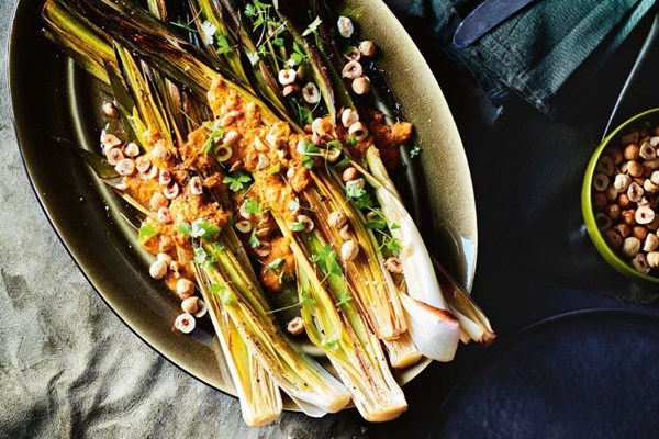 Leeks with romesco sauce