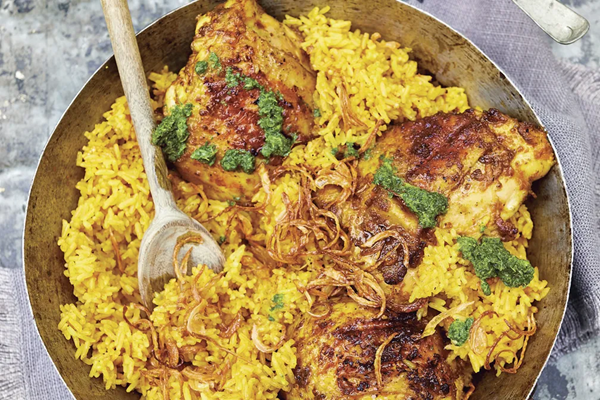 Leela Punyaratabandhu's ghee-smoked chicken & rice with spicy mint sauce