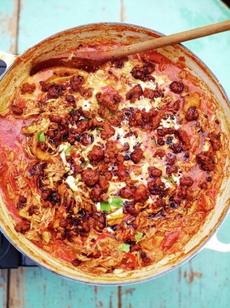 Leftover chicken with tomatoes & crispy chorizo