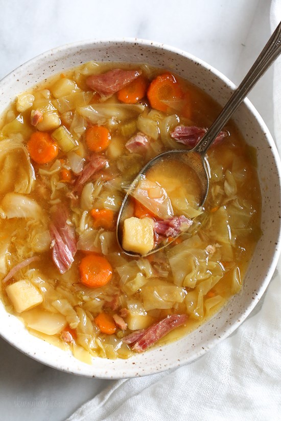 Leftover ham bone soup with potatoes and cabbage
