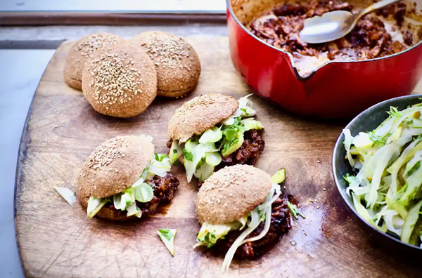 Leftover roast pork sliders with fennel, pear and gherkin slaw